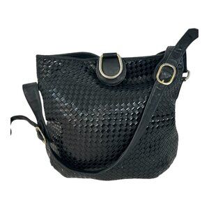 Vintage Ganson Black Leather Woven Handbag | Made in Hong Kong